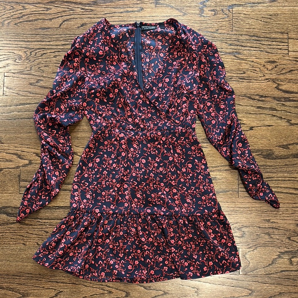 Pink Fit and Flare Dress with Bishop Sleeves V-Neck